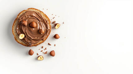 Hazelnut and chocolate spread on bread slice with whole and chopped nuts