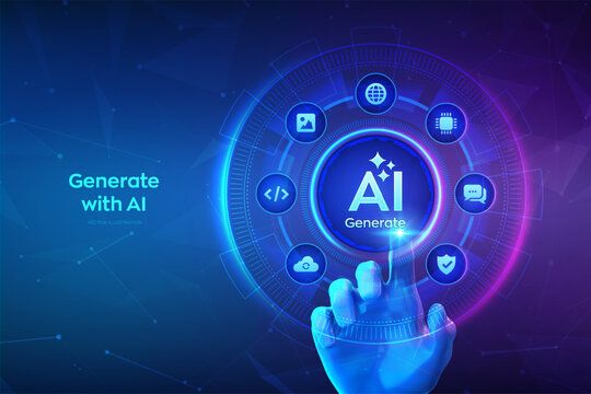 Generate with AI button. Artificial intelligence and Machine learning technology concept. AI enters by command prompt to generate ideas. Hand about to press a Generate AI button. Vector illustration.