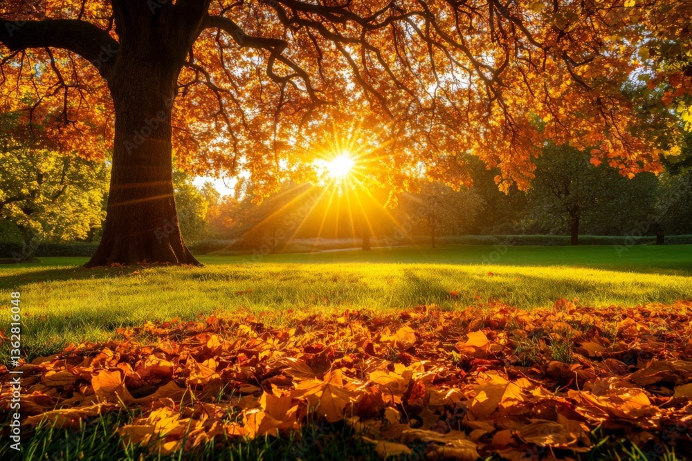 Poster golden autumn sunlight filters through tree branches, illuminating fallen leaves in a tranquil park 
