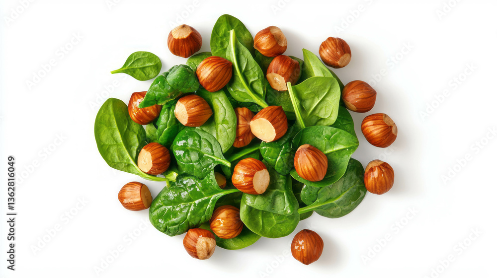Poster fresh hazelnut and spinach salad with crunchy texture and vibrant greens