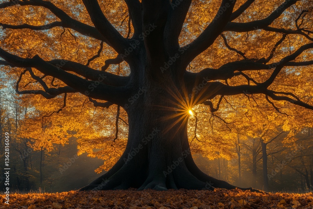 Poster majestic oak tree with autumn leaves and sunlight shining through in a serene forest setting
