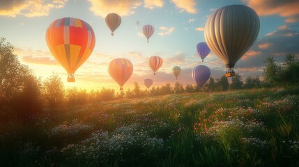 Fototapeta premium Serene Landscape Featuring Hot Air Balloons Floating Over Blooming Fields