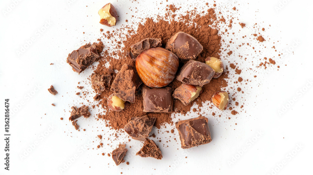 Poster delicious hazelnut praline composition with chocolate and cocoa on white background
