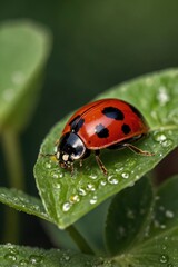 Naklejka premium Ladybug Resting on Leaf with Water Droplets in Natural Setting