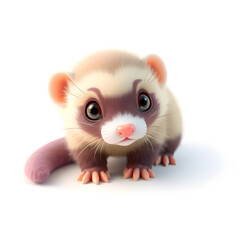 Fototapeta premium Ferret – 3D baby ferret, long fluffy body, cute tiny paws, bright curious eyes, pastel beige and purple tones, white background. Generative AI