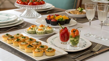 Table with food set for a dinner featuring plates, salad, appetizers, and a variety of dishes for a banquet or celebration.