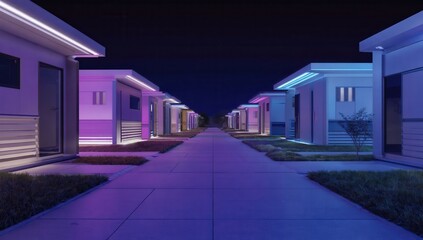 Obraz premium A row of houses along the street are brightly lit up with neon lights at night