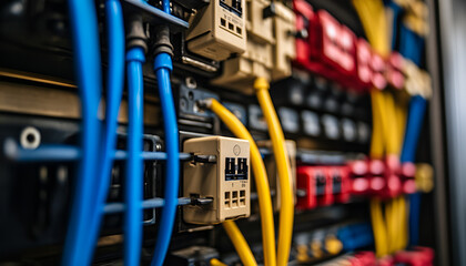 Close-Up of a Circuit Breaker Box with Color-Coded Wires. Concept of Electrical Wiring, Energy Management, Industrial Technology, Mechanical Engineering