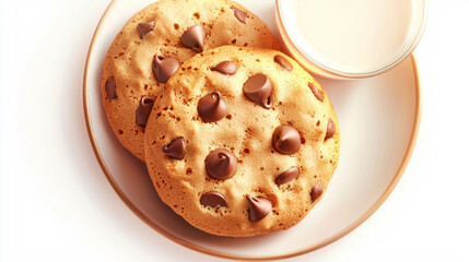 Delicious homemade chocolate chip cookies with glass of milk for dessert or snack