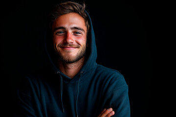 Obraz premium A man, entrepreneur wearing a black hoodie, black background, smiling 