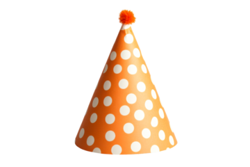 Bright orange party hat with white polka dots for celebrations