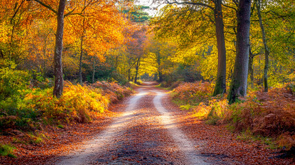 Obraz premium Scenic Woodland Walk Through the New Forest in Vibrant Autumn Colors
