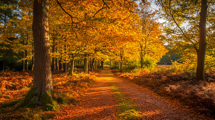 Naklejka premium Scenic Woodland Walk Through the New Forest in Vibrant Autumn Colors