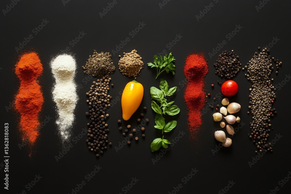 Aufkleber Colorful spices and fresh ingredients arranged neatly on a black surface creating an appetizing display