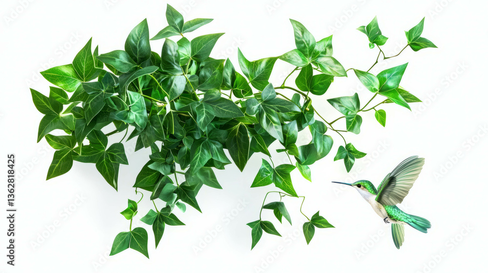 Poster realistic ivy branch and hummingbird scene for nature design projects