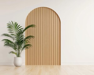 Midcentury modern arched wooden divider, fine linear woodwork, subtle luxury, openspace harmony