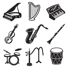 Musical instrument set. Accordion, guitar, harp, ethnic drum, violin, saxophone. Can be used for orchestra, acoustic concert, music, school concept vector