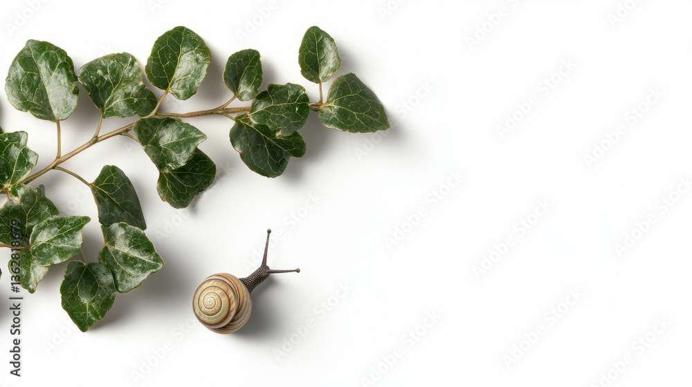 Poster Realistic ivy branch and snail on white background for nature design concepts
