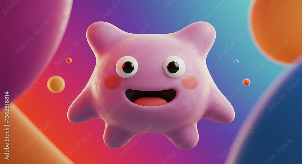 Poster pink blob character with a smile and colorful background