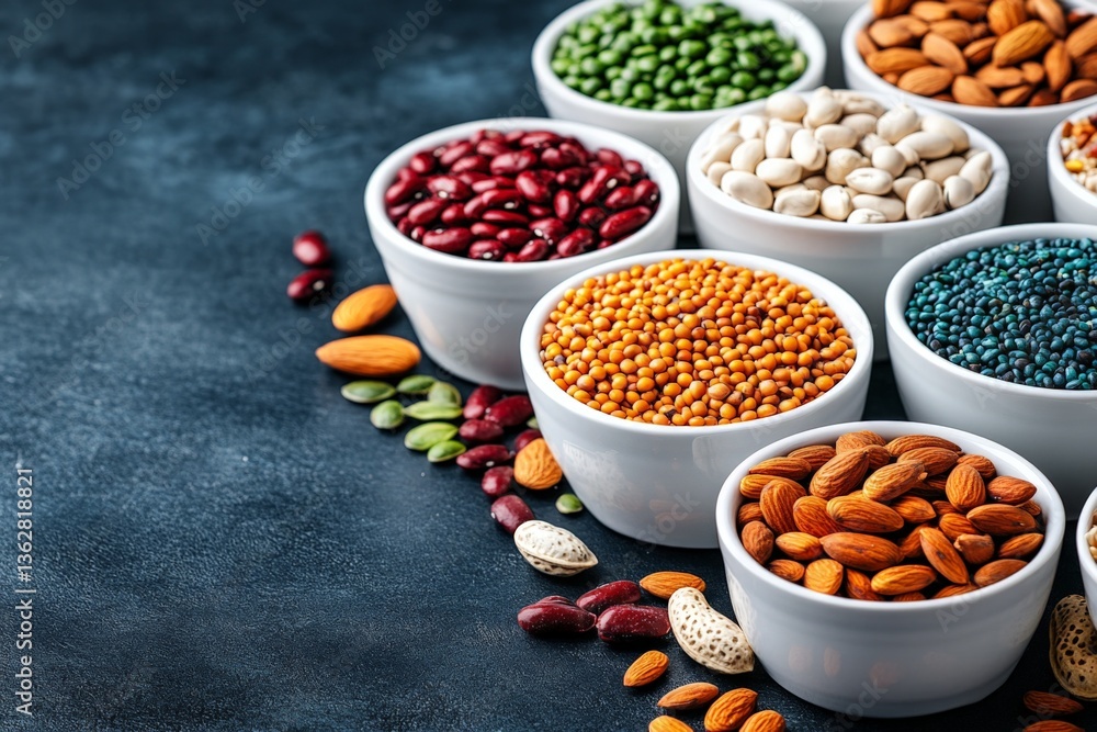 Poster colorful display of various nuts and seeds arranged in small bowls on a dark textured surface, highl