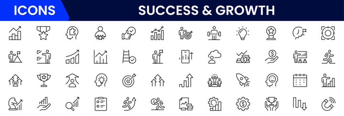 Success and growth web icons inline style. Handshake, growth profit, innovation, increase sale, coaching, progress, strategy, achievement, collection. Vector illustration.