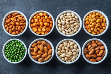 Healthy snack selection featuring assorted nuts and dried peas on a dark surface