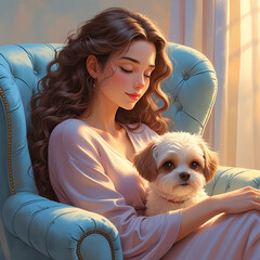 Girl dozing in a cozy plush chair with her cherished dog