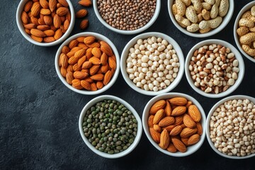 Obraz premium Variety of nuts and seeds displayed in white bowls on a dark surface highlighting healthy food choices
