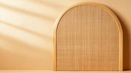 Japandi curved wooden arch divider, fine rattan weave, handcrafted aesthetic, warm and natural tones