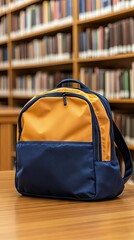 Bright orange and navy backpack resting on a wooden table in a library filled with books during daylight hours