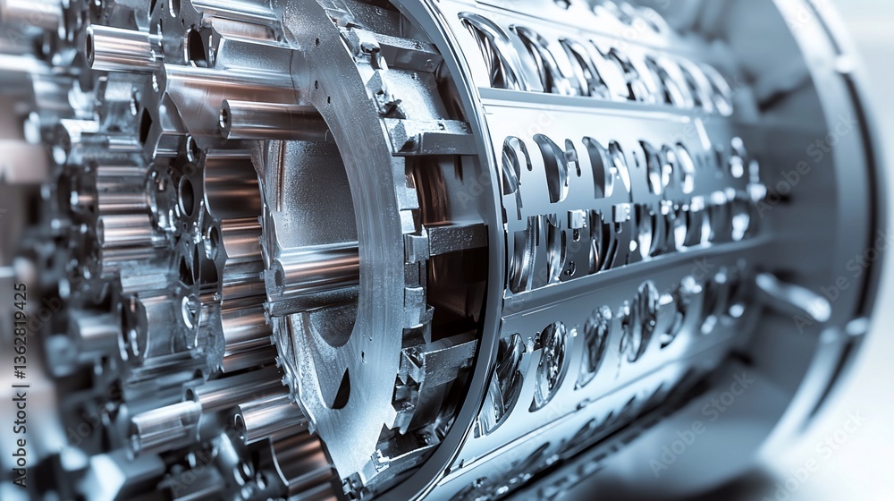 Poster precision-engineered metallic cylindrical component with intricate internal mechanisms and numerous 