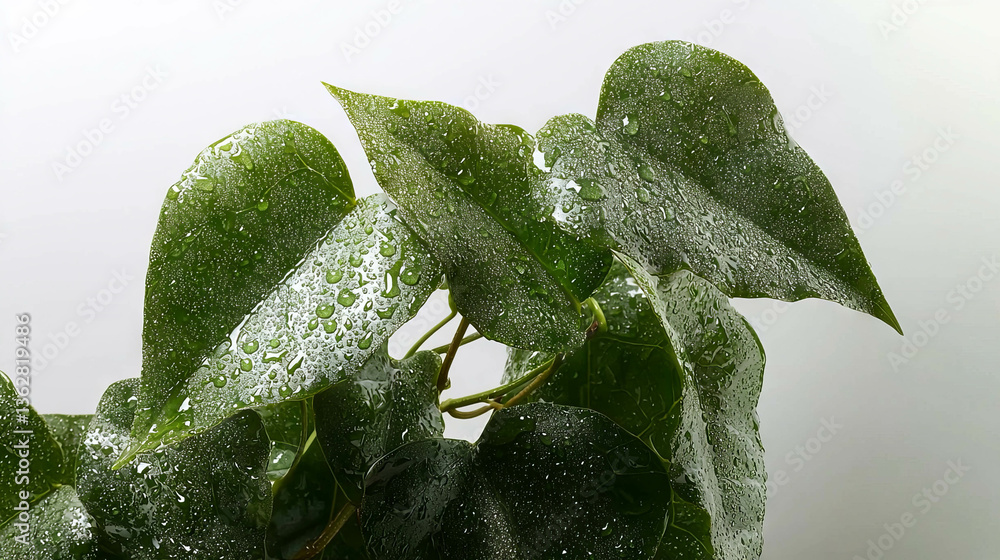 Poster Raindrops on ivy branch against soft background for nature and botanical design