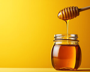 Honey dripping from dipper into a jar.