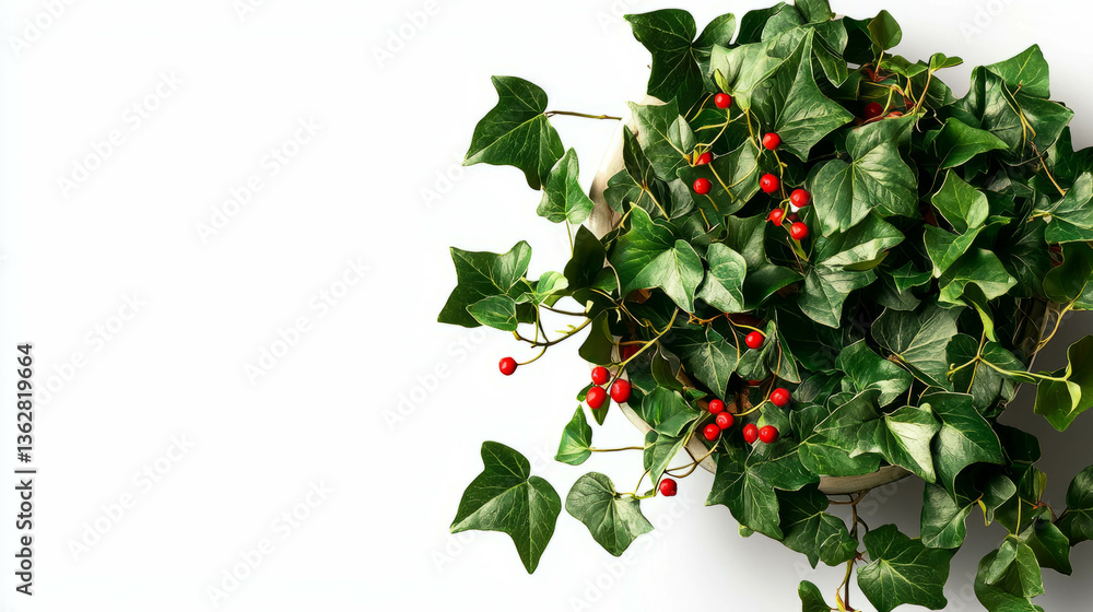 Poster Lush ivy branch with red berries on white background for botanical design