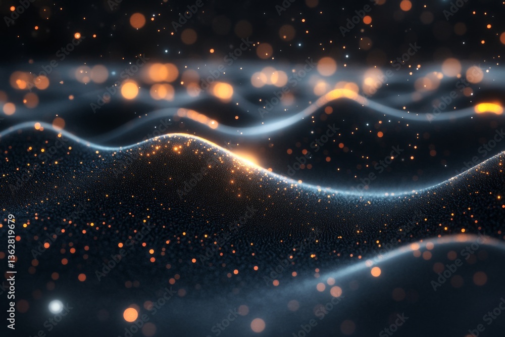 Poster Stunning abstract waves illuminated by glowing particles in darkness create a mesmerizing visual experience