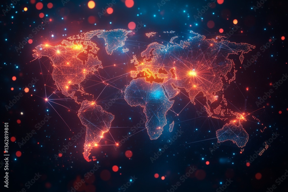 Aufkleber digital world map with interconnected nodes illustrating global network connections at night