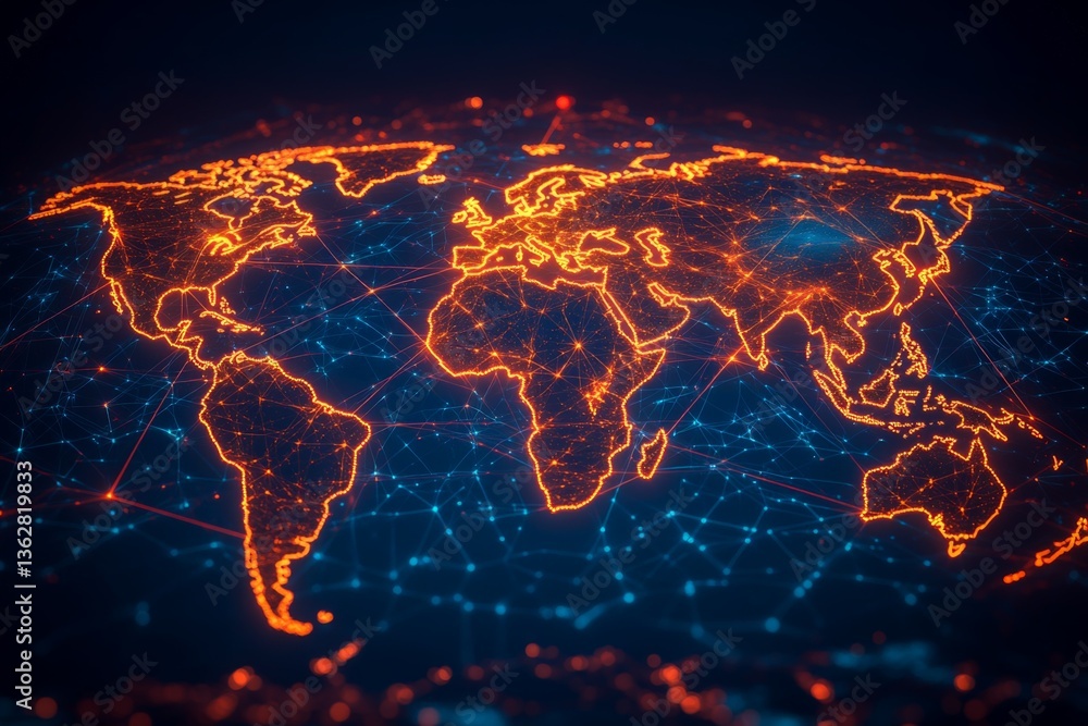 Aufkleber global network visualization with bright connections illuminating major cities across continents