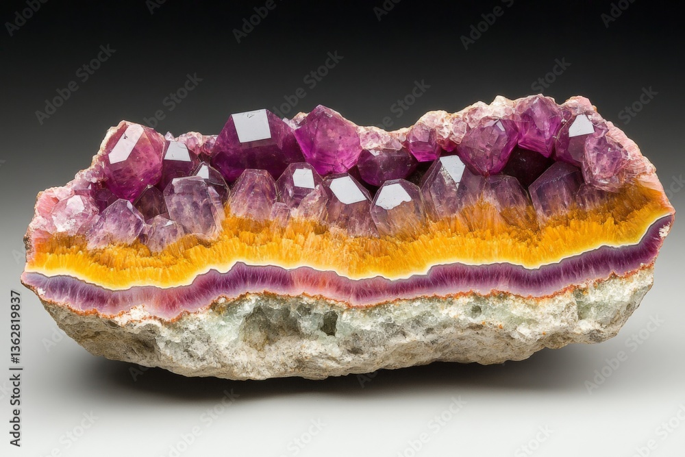 Poster colorful amethyst geode with vibrant purple and orange layers displayed against a dark background