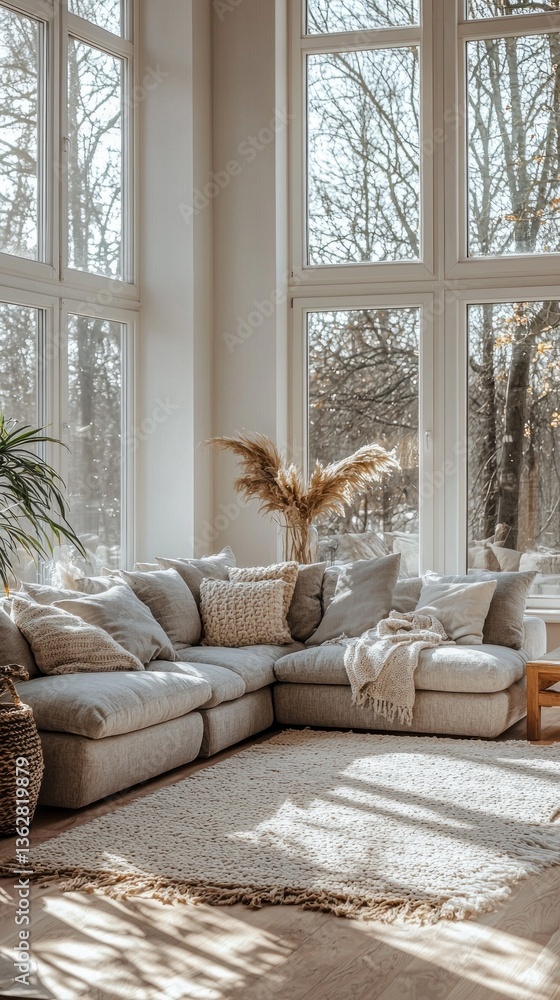 Poster sunlight pours into this warm living space, illuminating a plush sofa adorned with soft pillows. a t