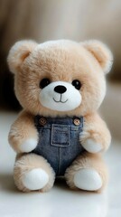 Obraz premium A charming teddy bear dressed in denim overalls is perched on a cozy soft surface, set against a beautifully warm backdrop