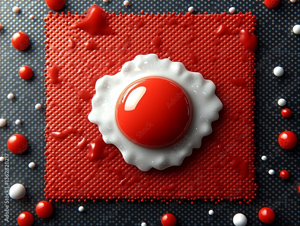 Poster artistic rendering of a vibrant red egg atop a textured square