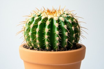 Green cactus in a terracotta pot with impressive spikes and vibrant color displayed indoors