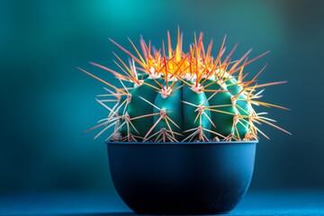 Vibrant cactus with striking spines showcased in a black pot against a softly blurred background