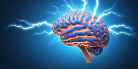 Fototapeta premium Human brain digital illustration. Electrical activity, flashes and lightning on a blue background
