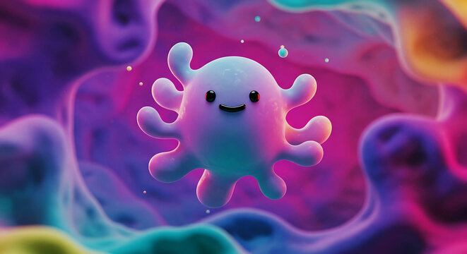 Cute cartoon character with tentacles in colorful space