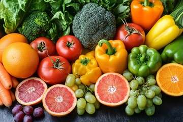 Vibrant assortment of fresh fruits and vegetables, showcasing a rainbow of colors and textures.  Healthy eating at its finest!