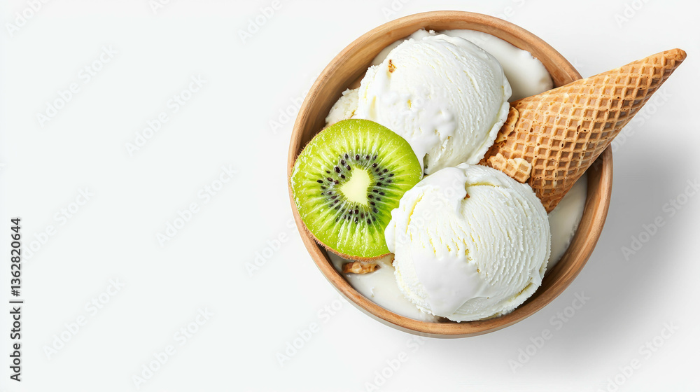 Poster refreshing kiwi and coconut ice cream dessert with waffle cone