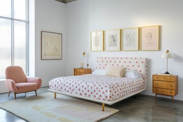 Modern bedroom with polka dot bedding, mid-century furniture, and artwork.