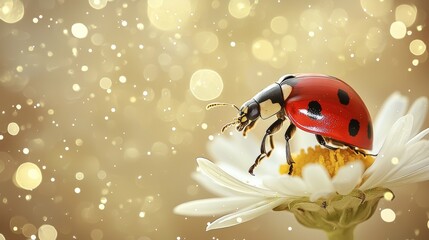 Ladybug resting on a daisy flower, glittering bokeh lights background