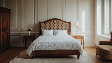 Classic style bedroom with a modern bed in a luxury house, showcasing a harmonious blend of styles. 